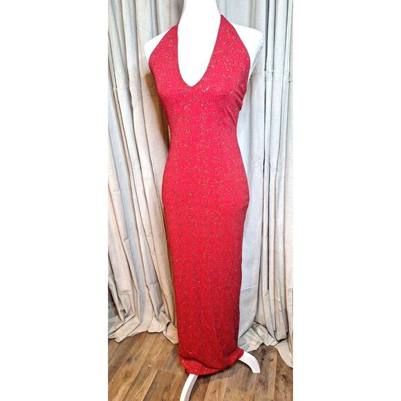 Gunne Sax Jessica McClintock Vtg Y2K Red Glitter Halter Glitter Maxi Dress - Picture 5 of 7